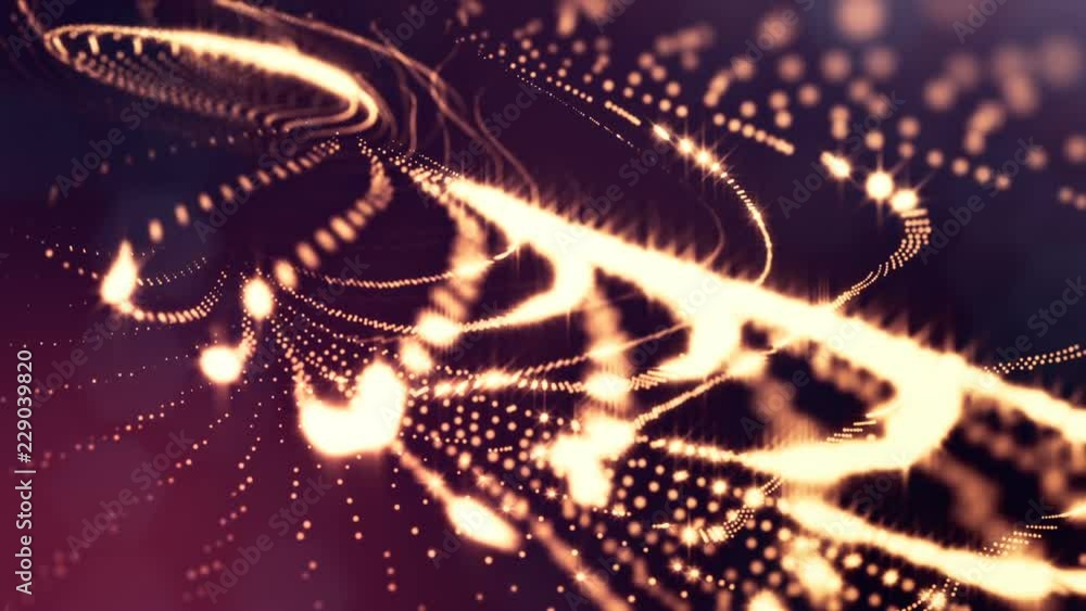 Poster abstract golden red looped background of glowing particles like chrisrmas garland. dark composition 