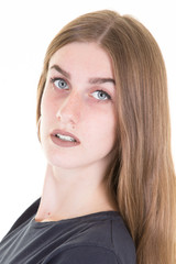 Portrait of a beautiful young woman long hairs looking at camera and smiling isolated on white background