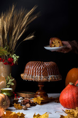 homemade pumpkin bundt cake with creamy frosting