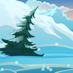 Fototapeta premium The single bent spruce on the background of snow on a clear frosty morning. Sketch for Christmas and New year greeting card, festive poster or party invitations. Vector illustration.