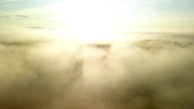 Beautiful aerial video above very thick clouds foggy sunrise over forest landscape in North Sweden - golden sun light