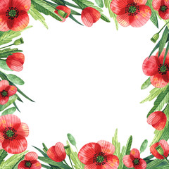 Square frame with wildflowers. Watercolor template for your invitations; advertisements and posts.