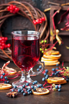 Autumn drinks concept. Mulled wine, cider or punch.