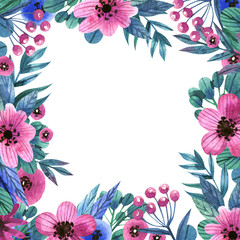 Fototapeta na wymiar Watercolor flower frame. Watercolor template for wedding invitation or greeting card.