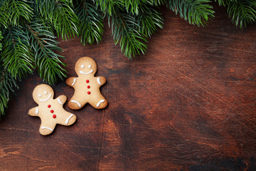 Christmas gingerbread cookies and fir tree