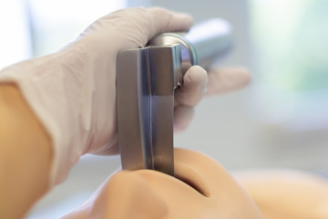 Endotracheal intubation on a medical practice puppet
