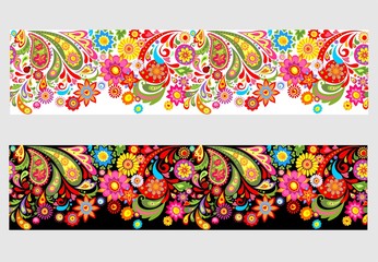 Seamless summery floral border with colorful abstract flowers