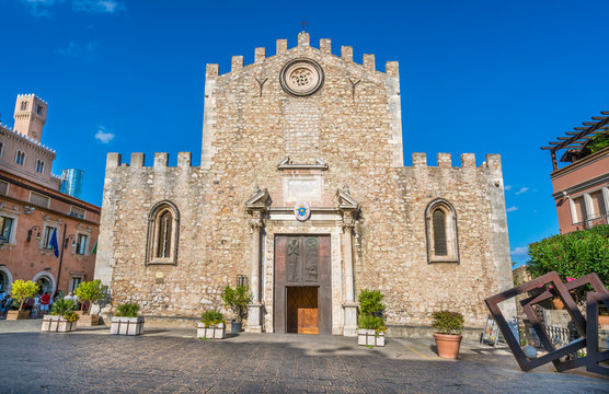 Facade of the Duomo of Taormina. Province of Messina, Sicily, southern Italy.