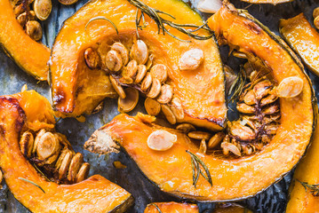 Pumpkin baked.Roasted autumn vegetables healthy food.