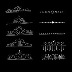 Chalky vector design elements for cover of book. Set of ornaments for page decoration isolated on black background