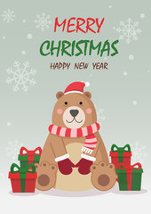 Merry Christmas and happy new year greeting card,banner with cute bear  wear Christmas costume and gifts. Cartoon character vector.
