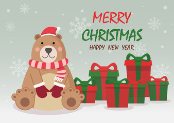 Merry Christmas and happy new year greeting card,banner with cute bear  wear Christmas costume and gifts. Cartoon character vector.