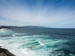 Aerial view on the coastline of island of São Miguel. Azores, Portugal. Drone Shot