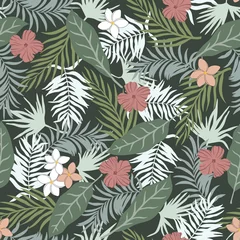 Foto op Canvas Tropische achtergrond met palmbladeren en bloemen. Naadloos bloemenpatroon. Zomer vectorillustratie © bell1982