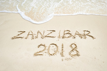 zanzibar script on light sand and ocean wave
