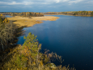 Aerial view of the forests and lakes of Karelia  