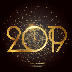 Happy New Year and Christmas card with golden text and clock. Vector