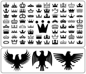 Set of crowns and eagle rampant. Heraldry elements design collection. Vector illustration.