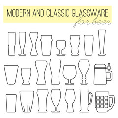 Infographic about modern and classic glassware. Beer menu set. Collection icons of beer mugs and glasses. Vector illustration