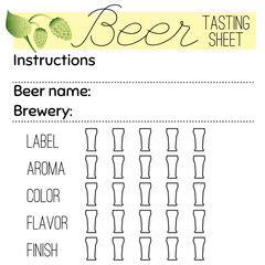 Beer tasting sheet template. Tasting notes for beer festival. Scorecard for distillery. Vector illustration