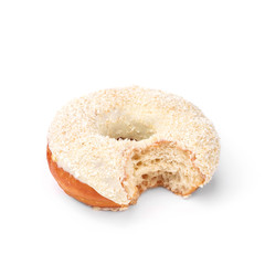 Fototapeta na wymiar Donut with cream and coconut. View from a forty-five degree angle. Isolated image. The side-bite donut.