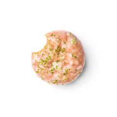 Donut glazed with sugar and leaf of mind. Top view. Isolated image. The side-bite donut.