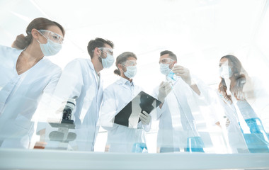 scientists working with test tubes and microscope in the laboratory