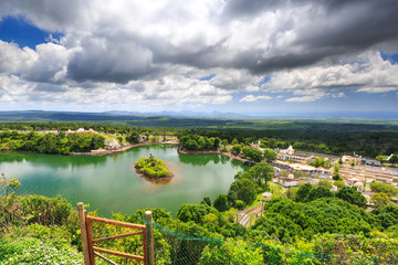 Obraz premium View from above at Grand bassin lake and Temple at Ganga Talao, Mauritius