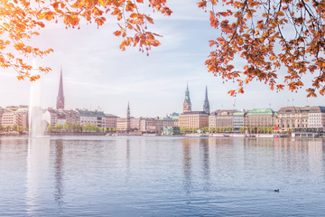 Famous buildings Town Hall in center of Hamburg, Lake View
