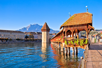 Kapellbrucke historic wooden bridge in Luzern and waterfront landmarks view - obrazy, fototapety, plakaty