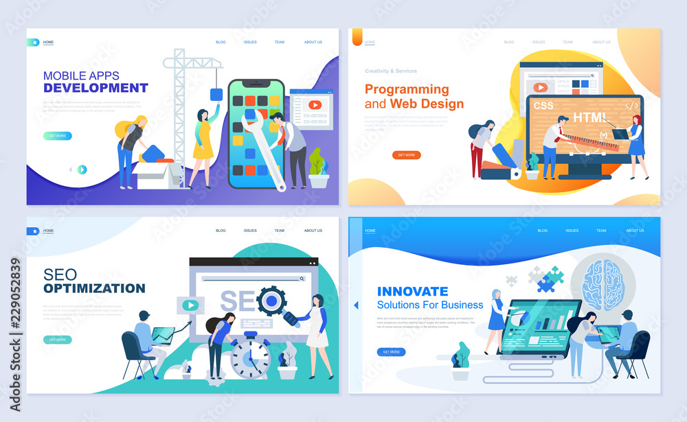 Wall mural set of landing page template for web development, seo, mobile apps, business solutions. modern vecto
