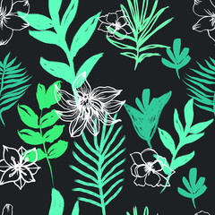 Vector Botanical Painting Illustration with Flowers and Exotic Leaves , Seamless Pattern Print