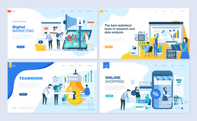 Obraz na płótnie Canvas Set of landing page template for shopping, marketing, teamwork, business strategy. Modern vector illustration flat concepts decorated people character for website and mobile website development.