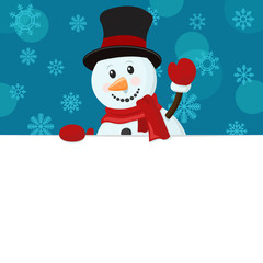 Snowman in a hat peeks out from behind a white sheet. Christmas card.
