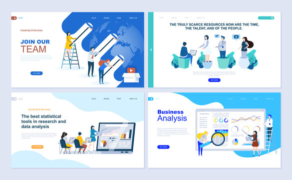 Set of landing page template for business app, data analysis, career, teamwork. Modern vector illustration flat concepts decorated people character for website and mobile website development.