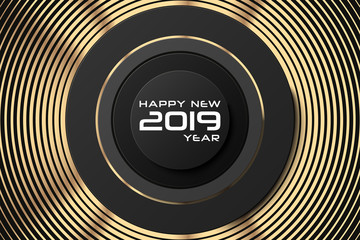 Happy New Year 2019. Abstract holiday cover banner template. Black background with round shapes. Vector 3d illustration. Congratulation sign. Festive christmas poster design. Happy New Year card.