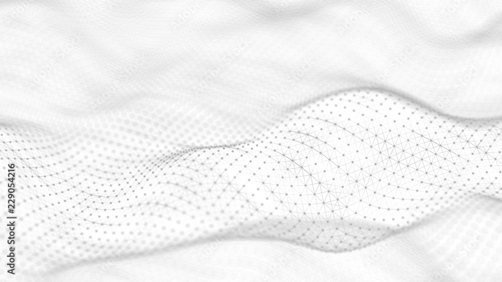 Poster Abstract white futuristic background. Wave white background. connecting dots and lines on white background. 4k rendering.