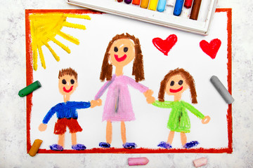 Colorful drawing: Single parenting. Smiling family with mother and her two kids: daughter and son.