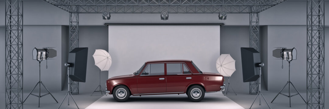 photo studio with old car. 3d rendering