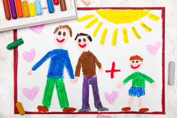 Colorful drawing: Happy gay parents and his adopted son. Two fathers and a child