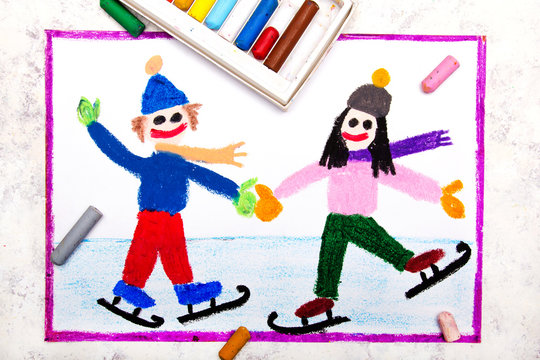 Colorful drawing: Smiling children are ice skating on the ice rink