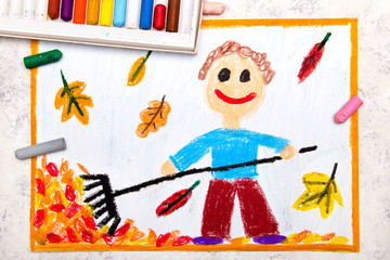 Colorful drawing: A smiling boy is raking leaves