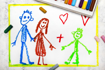 Colorful drawing: foster family. A smiling couple and their adopted child