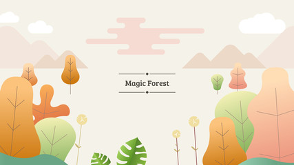 Flat magic forest template. Fantasy space. Autumn time. Modern style vector illustration for landing page, website, banners and presentation.