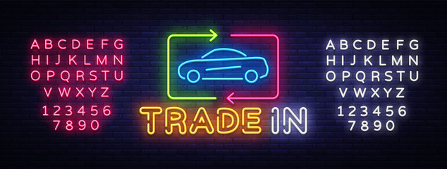Car Trade In neon sign vector. Rent Car Design template neon sign, light banner, neon signboard, nightly bright advertising, light inscription. Vector illustration. Editing text neon sign