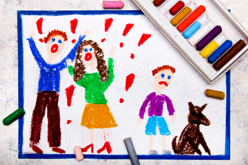 Obraz na płótnie Canvas Colorful drawing: quarreling parents and their sad son