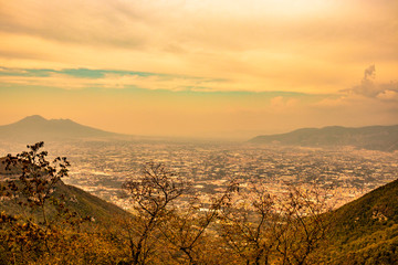 View of the valley from the Regional Park of Monti Lattari, Pompeii and Mount Vesuvius in the background. In the province of Salerno, on the Amalfi coast.