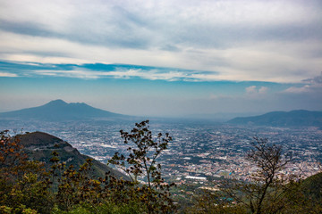 View of the valley from the Regional Park of Monti Lattari, Pompeii and Mount Vesuvius in the background. In the province of Salerno, on the Amalfi coast.