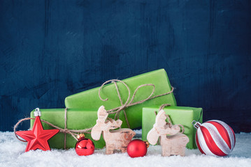 Green Christmas Gifts, Snow, Copy Space, Blue Background