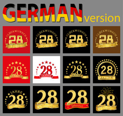 Set of number twenty-eight (28 years) celebration design. Anniversary golden number template elements for your birthday party. Translated from the German - congratulation, years, anniversary.